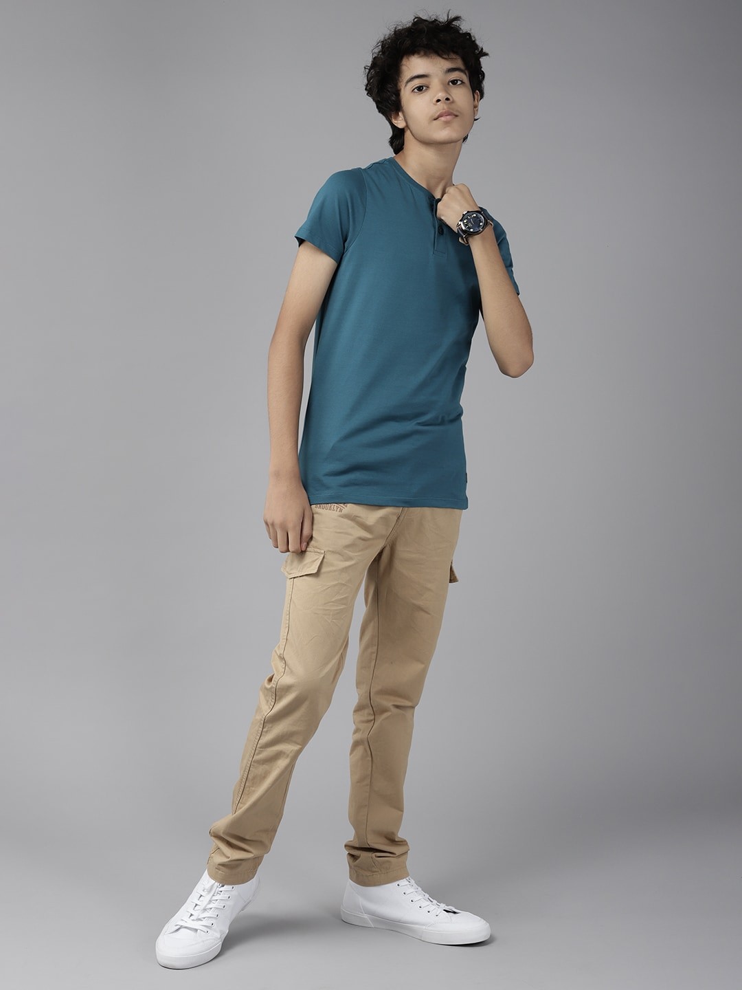 

UTH by Roadster Boys Teal Blue Henley Neck Solid T-shirt