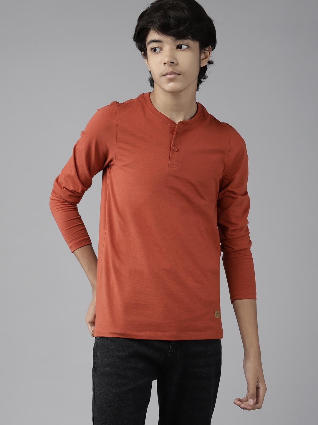 

UTH by Roadster Boys Rust Orange Solid Henley Neck T-shirt