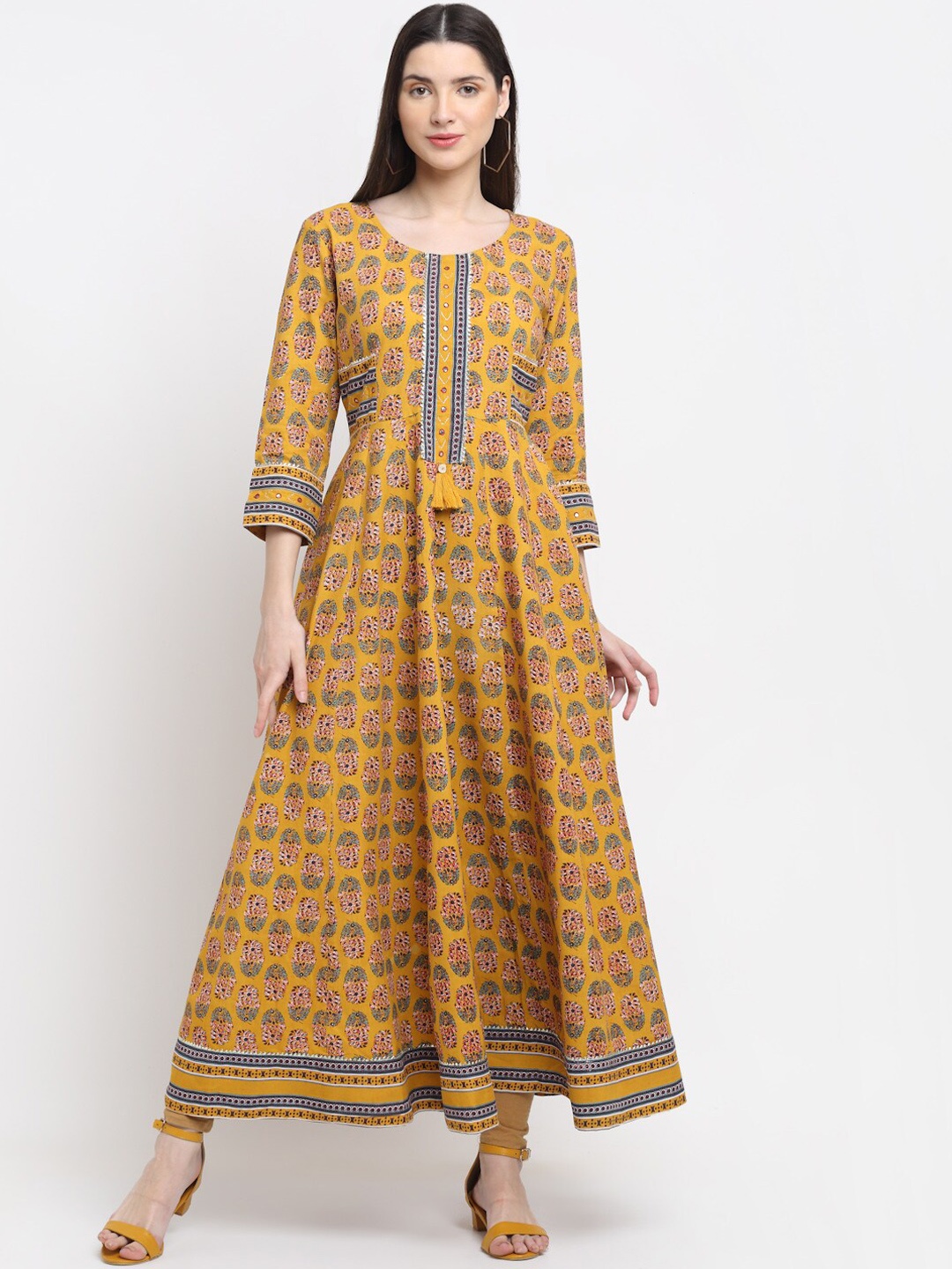 

MYAZA Women Mustard Yellow Ethnic Motifs Printed Anarkali Kurta