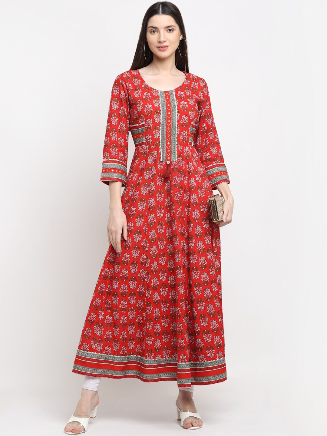 

MYAZA Women Red Ethnic Motifs Printed Floral Anarkali Kurta