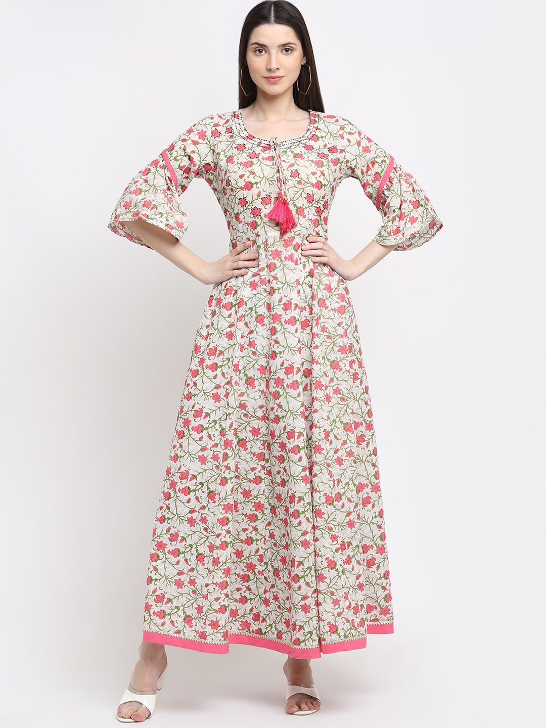 

MYAZA Women Green & Pink Floral Printed Flared Sleeves Floral Anarkali Kurta