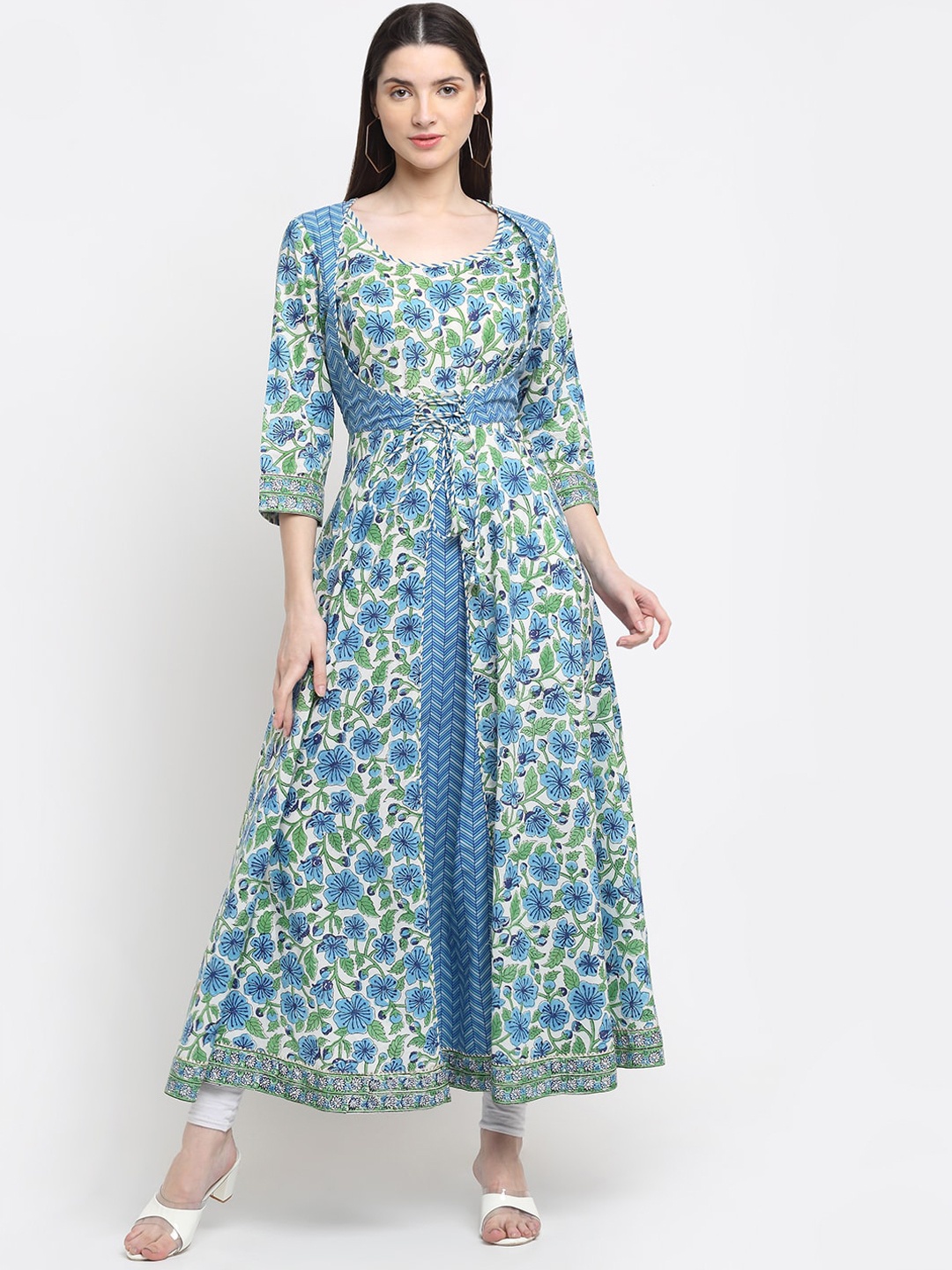 

MYAZA Women White & Blue Floral Cotton Anarkali Kurta