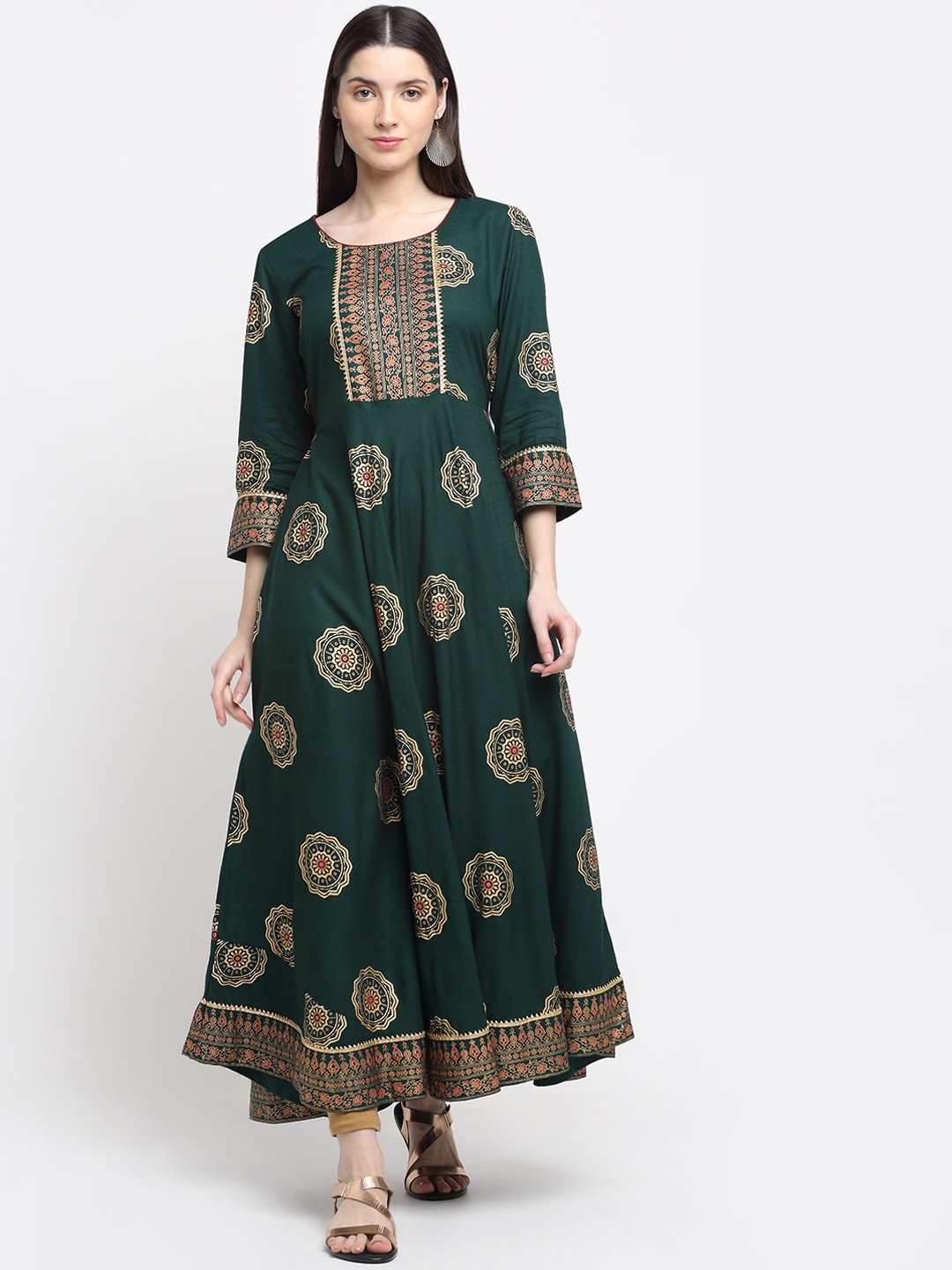 

MYAZA Women Green Ethnic Motifs Printed Flared Sleeves Floral Anarkali Kurta