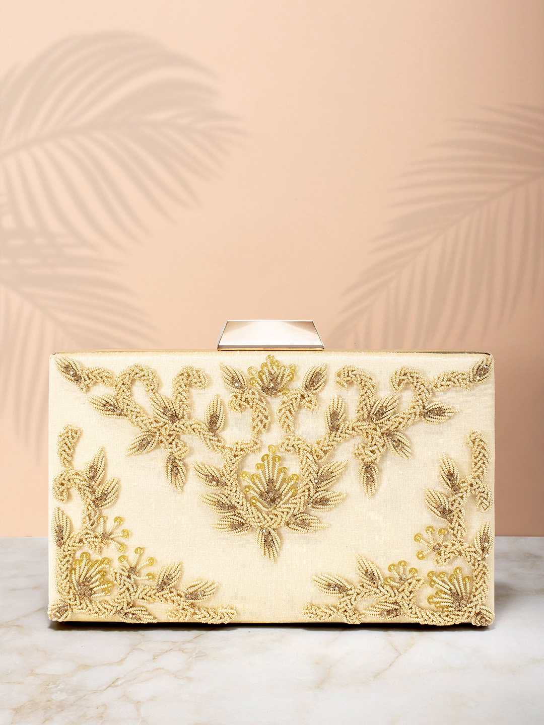 

Peora Gold-Toned & Yellow Embroidered Box Clutch