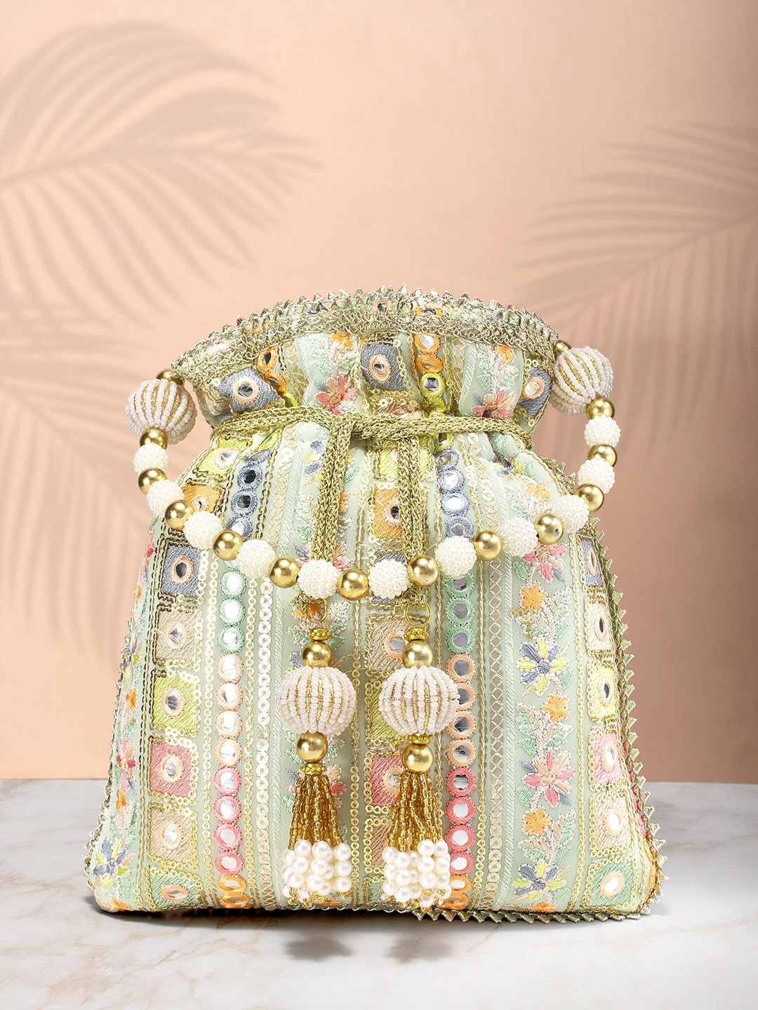 

Peora Sea Green & Pink Embroidered Potli Clutch