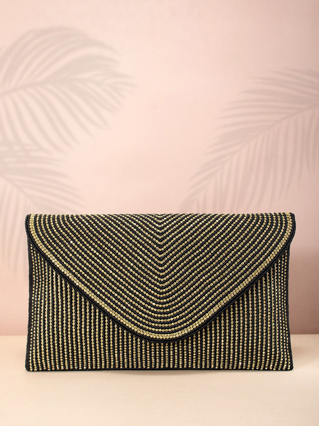 

Peora Black & Gold-Toned Embellished Envelope Clutch