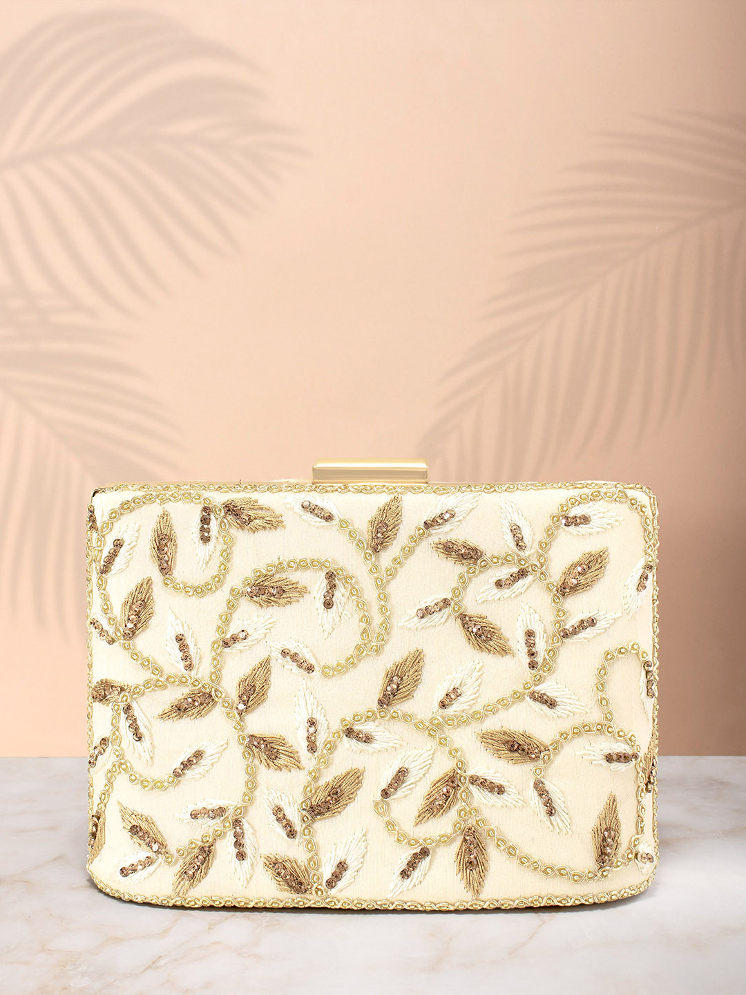 

Peora Cream-Coloured & Gold-Toned Embroidered Box Clutch