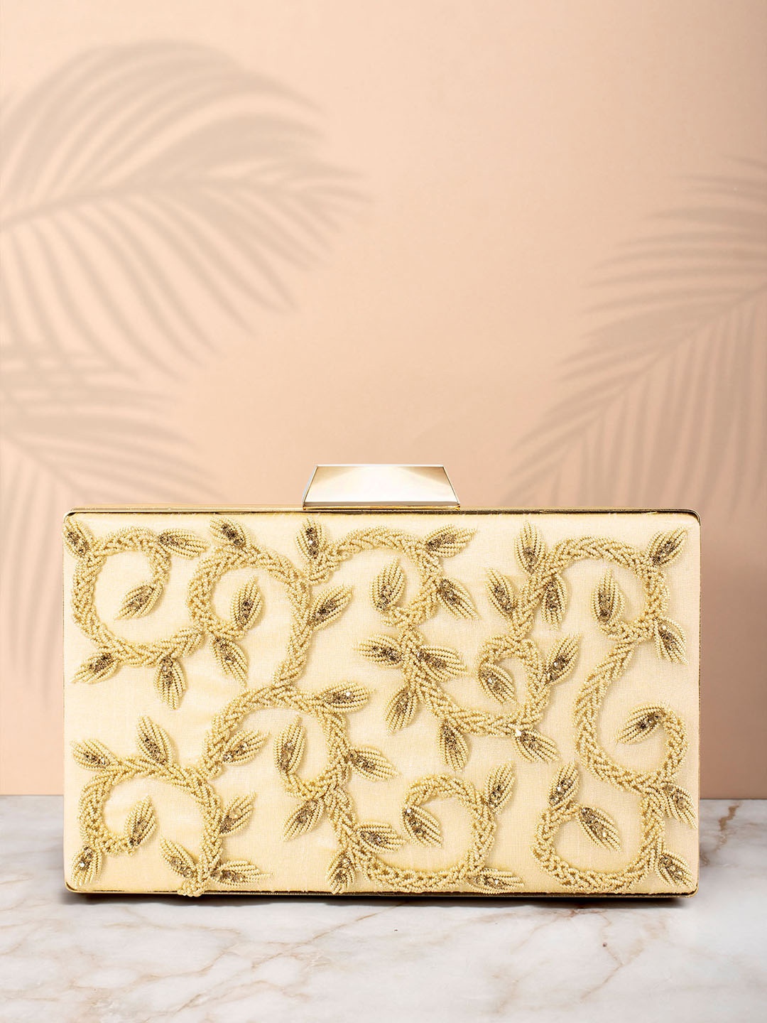 

Peora Gold-Toned Embroidered Embellished Box Clutch