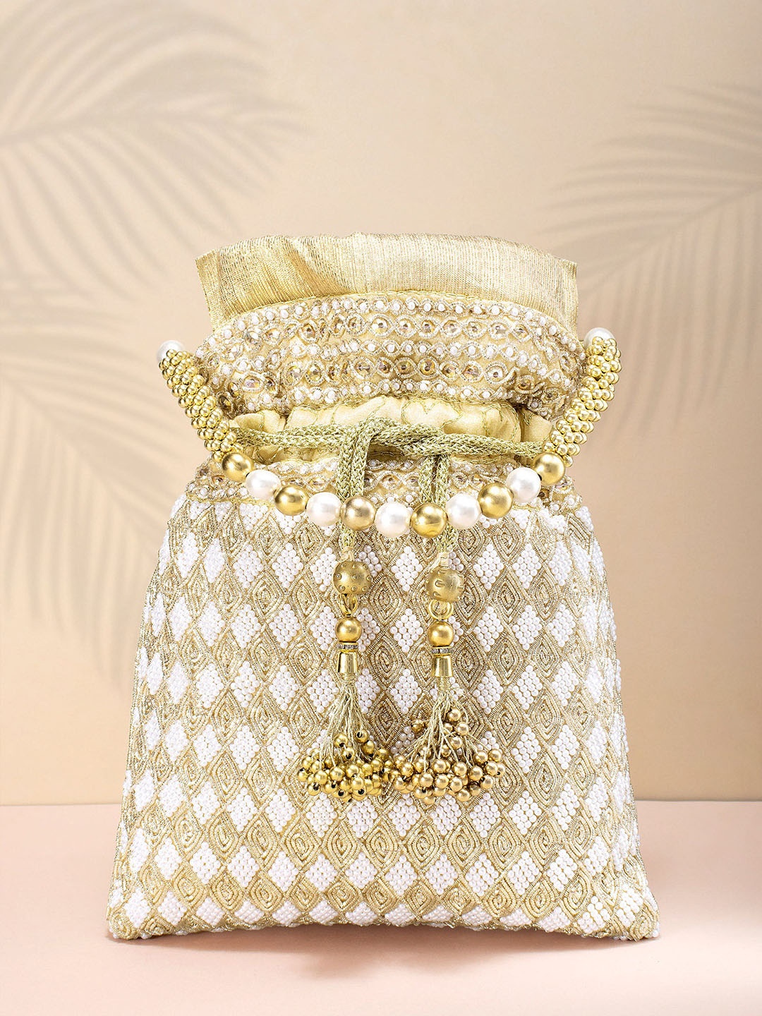 

Peora Gold-Toned & White Embellished Potli Clutch
