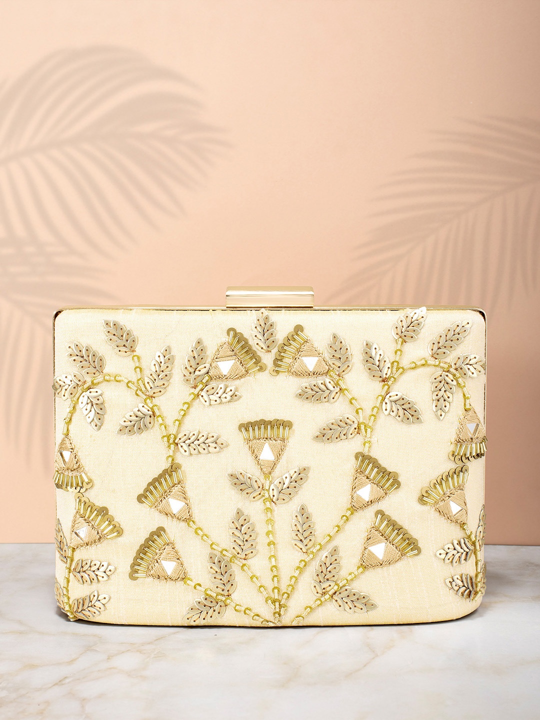

Peora Cream-Coloured & Gold-Toned Embellished Embroidered Box Clutch