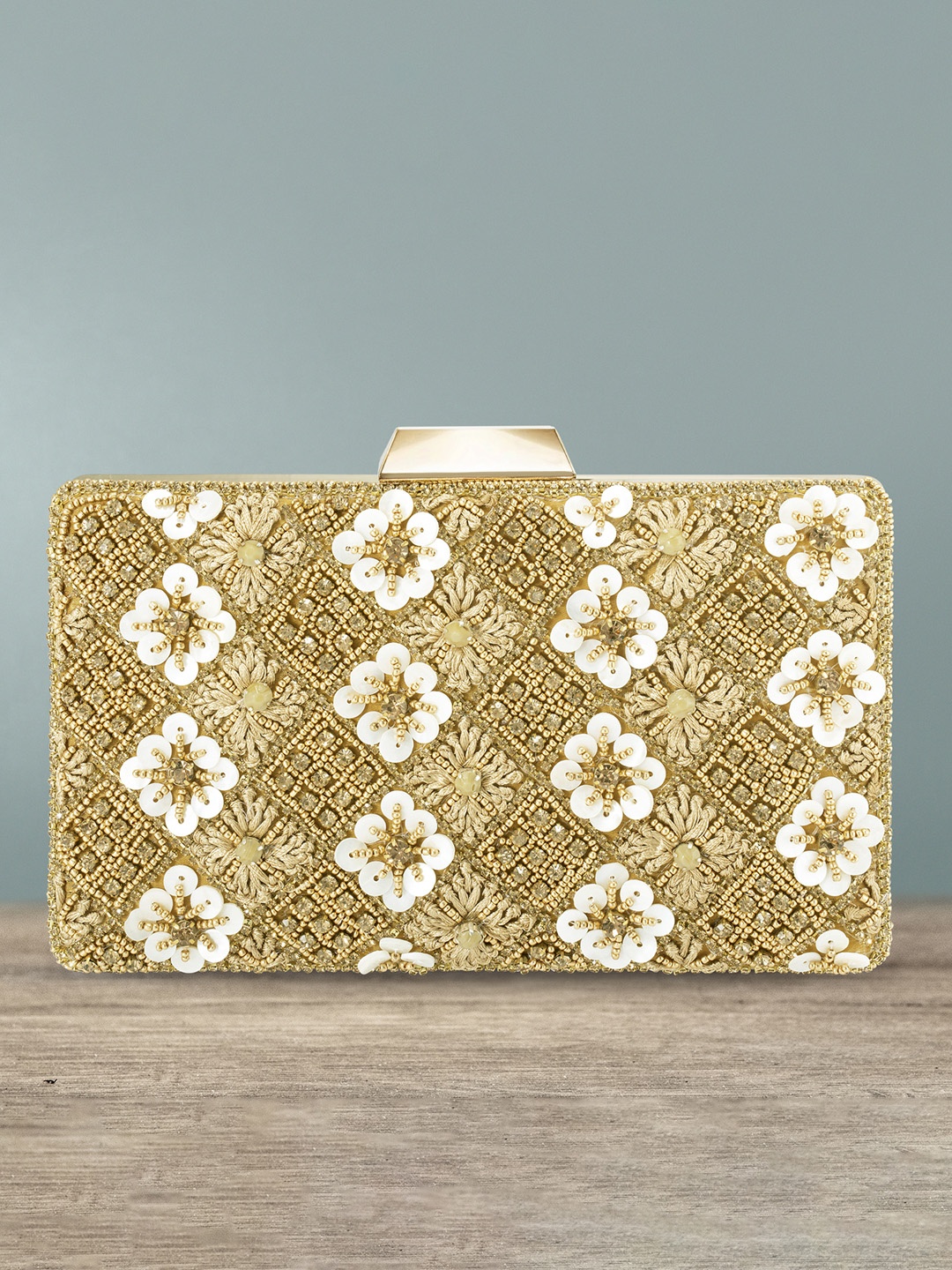 

Peora Gold-Toned & White Embellished Box Clutch