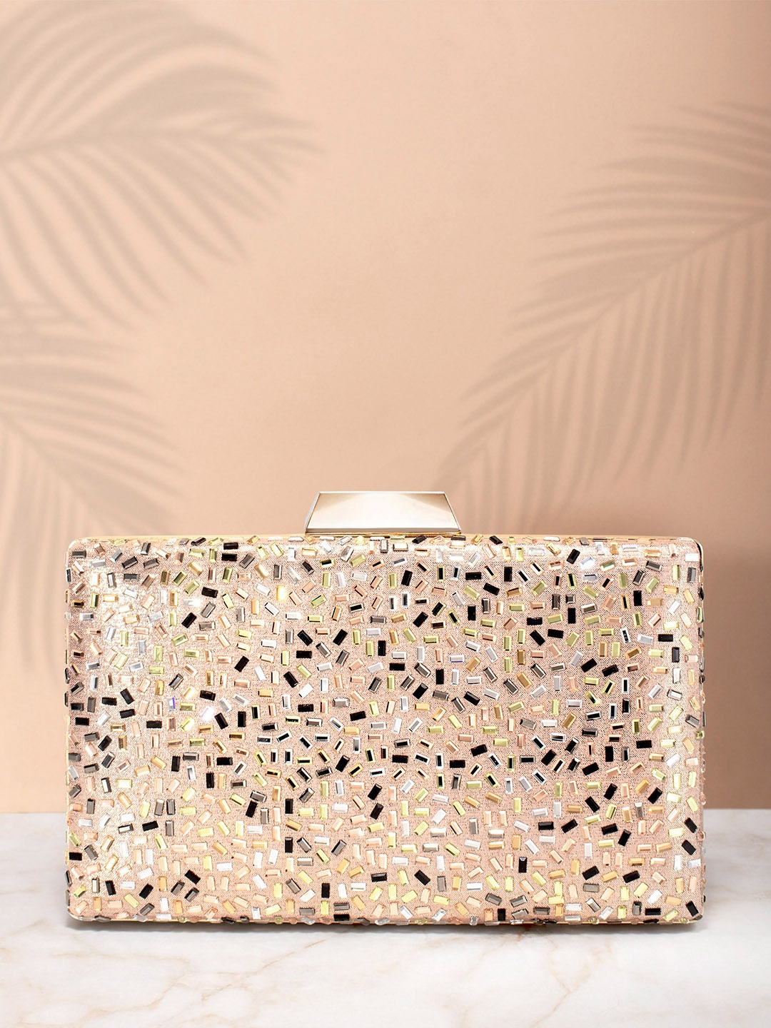 

Peora Rose Gold & Black Embellished Box Clutch