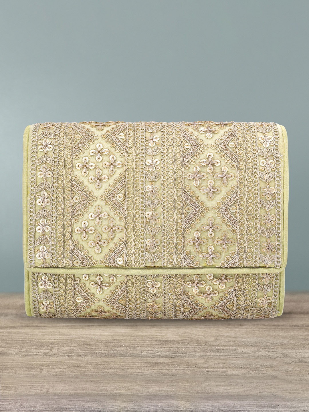 

Peora Cream-Coloured & Gold-Toned Embellished Embroidered Purse Clutch