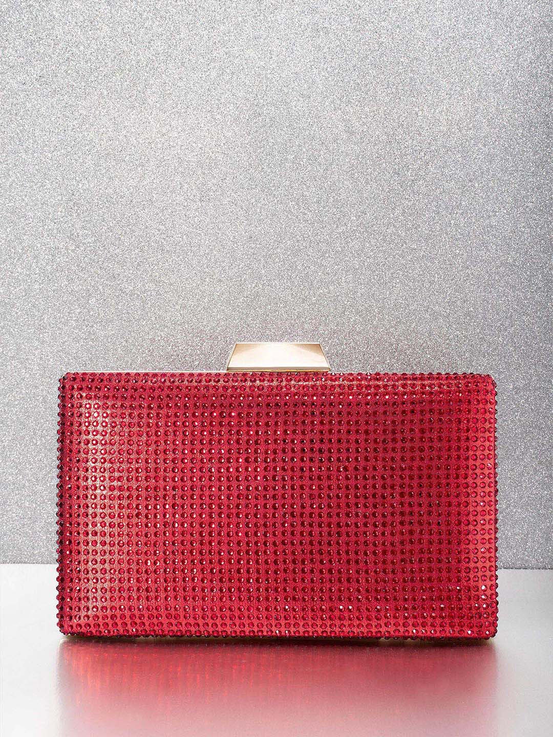 

Peora Red & Gold Toned Embellished Box Clutch