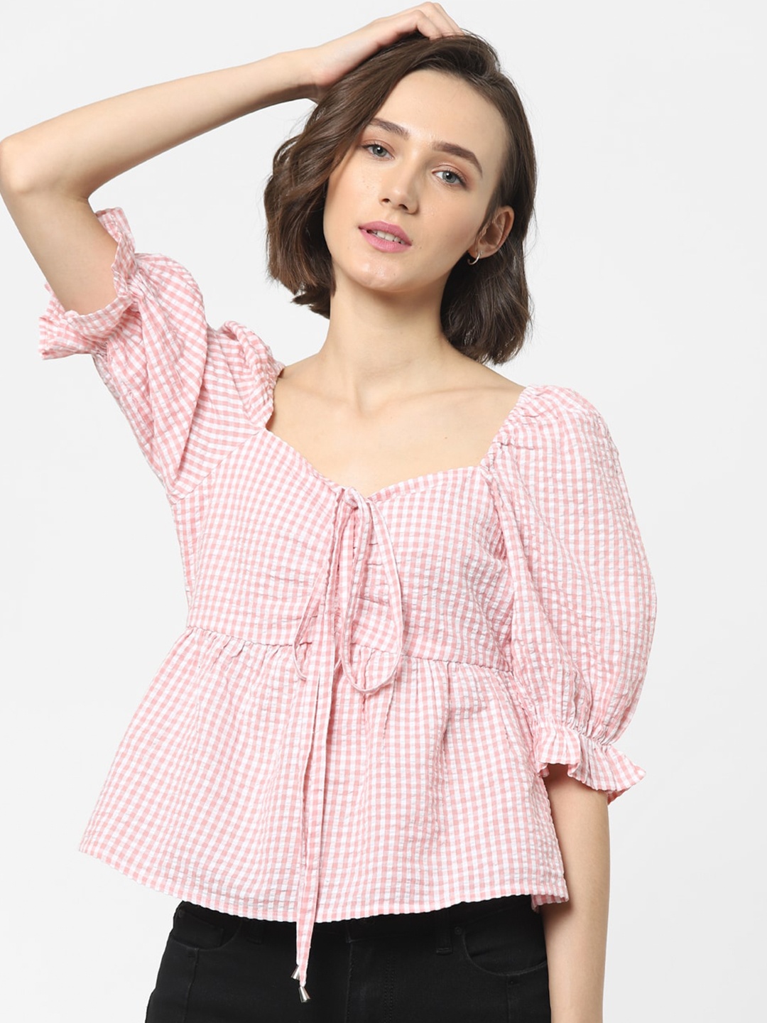 

ONLY Pink Checked Tie-Up Neck Pure Cotton Seersucker Peplum Top