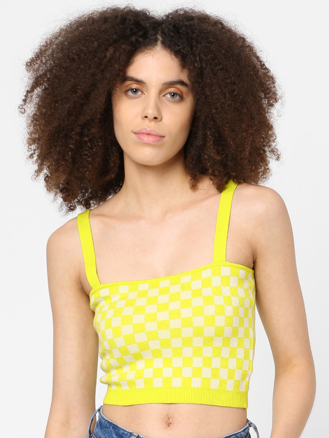 

ONLY Yellow Checked Pure Cotton Crop Top