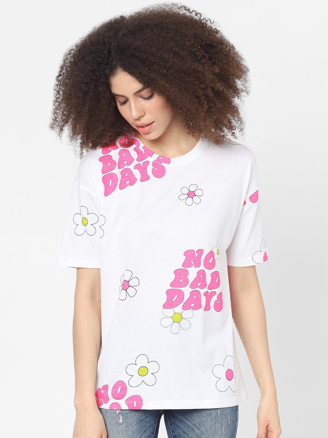 

ONLY Women White & Pink Cloud Dancer Printed Cotton Regular-Fit T-shirt