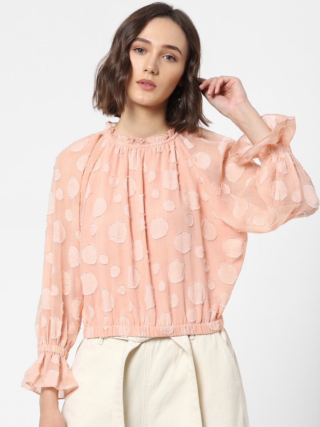 

ONLY Women Peach-Coloured Self Design Round Neck Regular Top