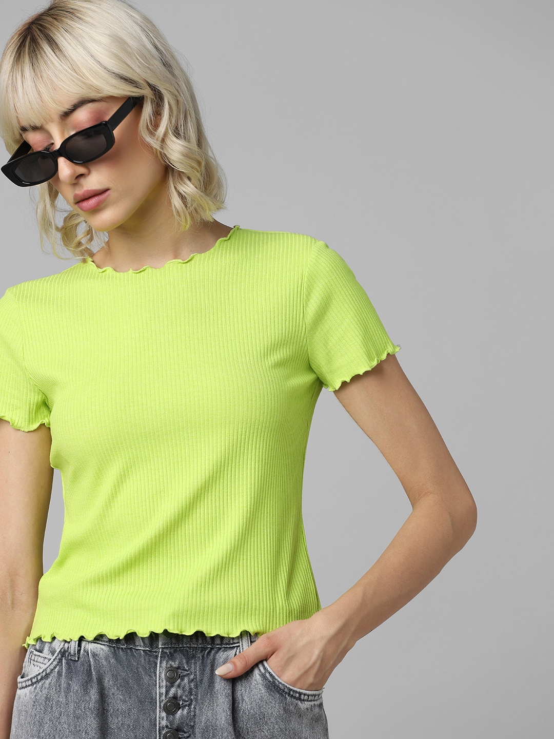 

ONLY Women Green Typography V-Neck Slim Fit T-shirt
