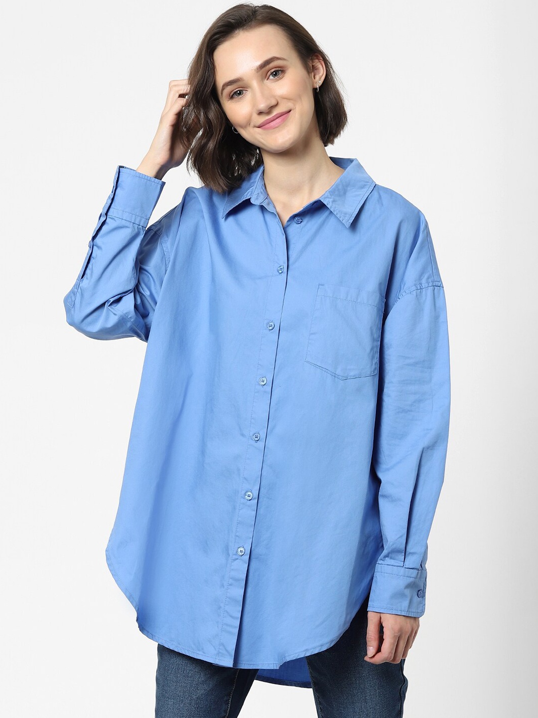 

ONLY Women Blue Loose Cotton Casual Shirt