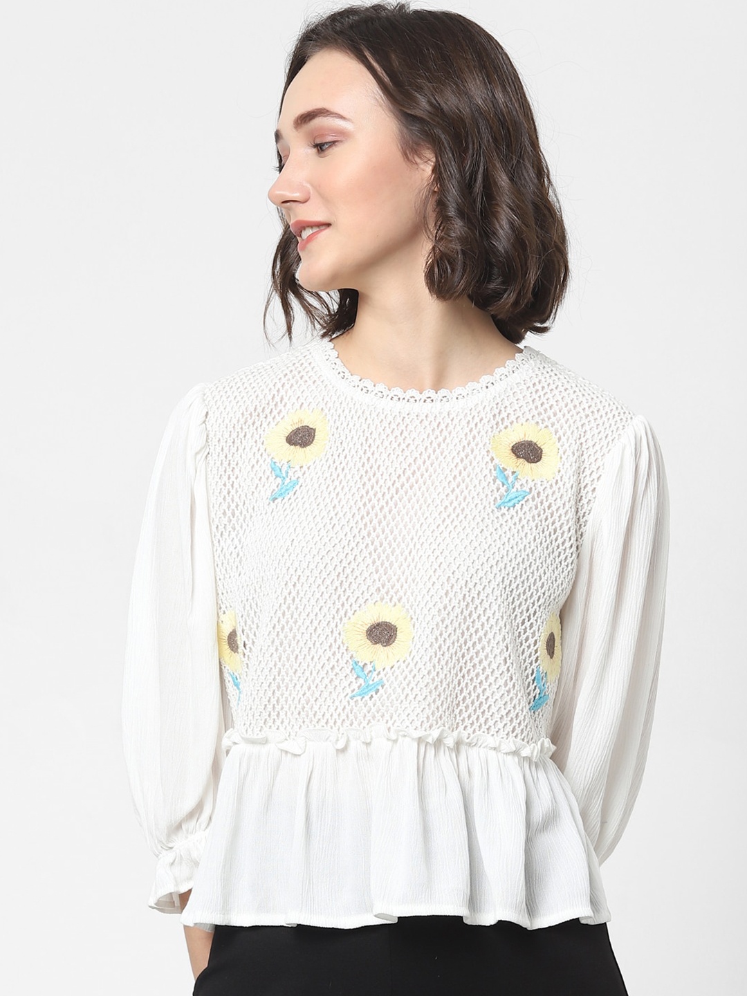 

ONLY Women White & Yellow Puff Sleeve Top