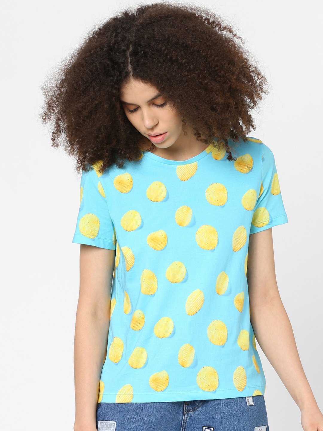 

ONLY Women Blue & Yellow Printed Boxy T-shirt