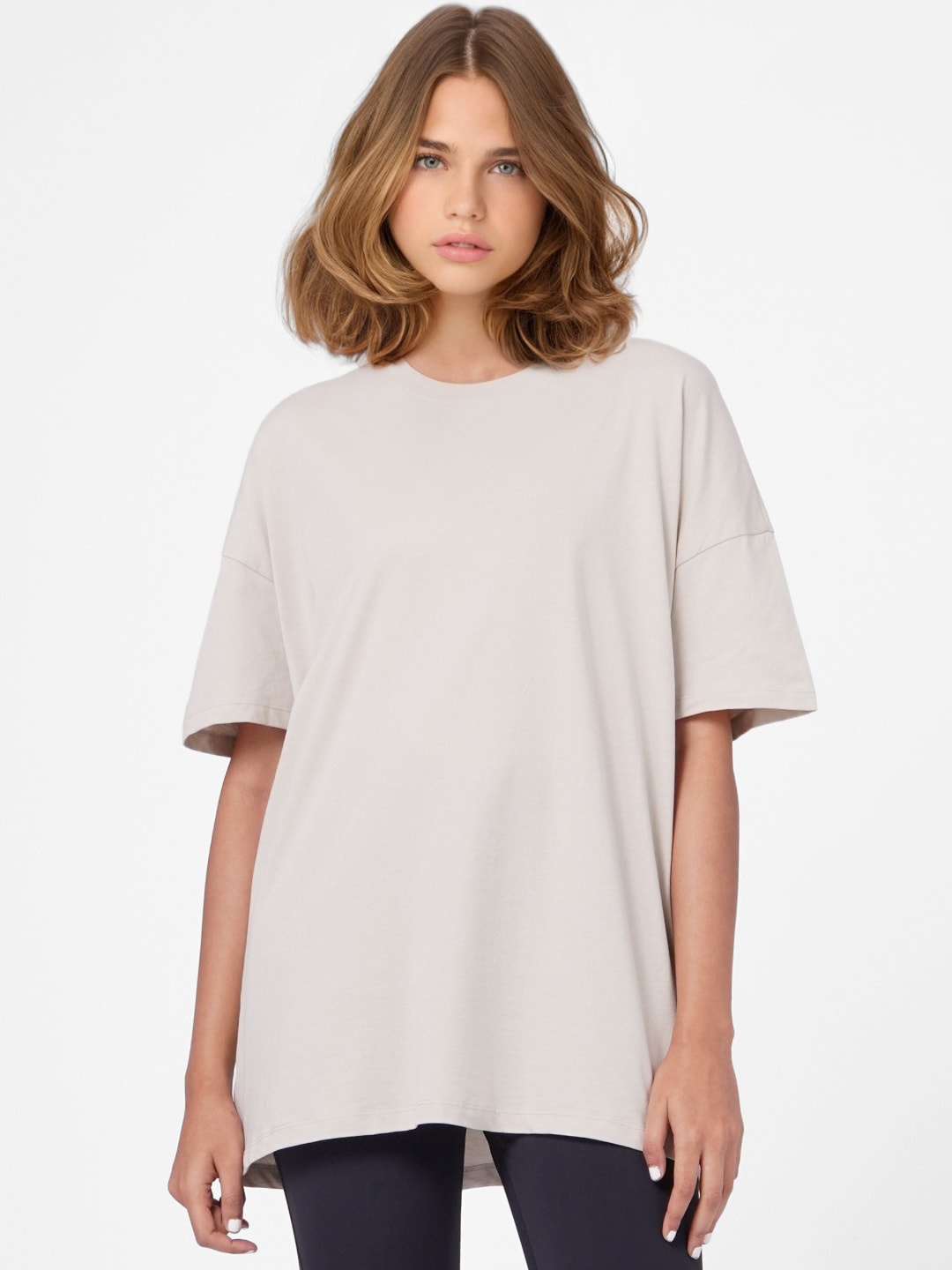 

ONLY Women Beige Drop-Shoulder Sleeves Loose Cotton T-shirt