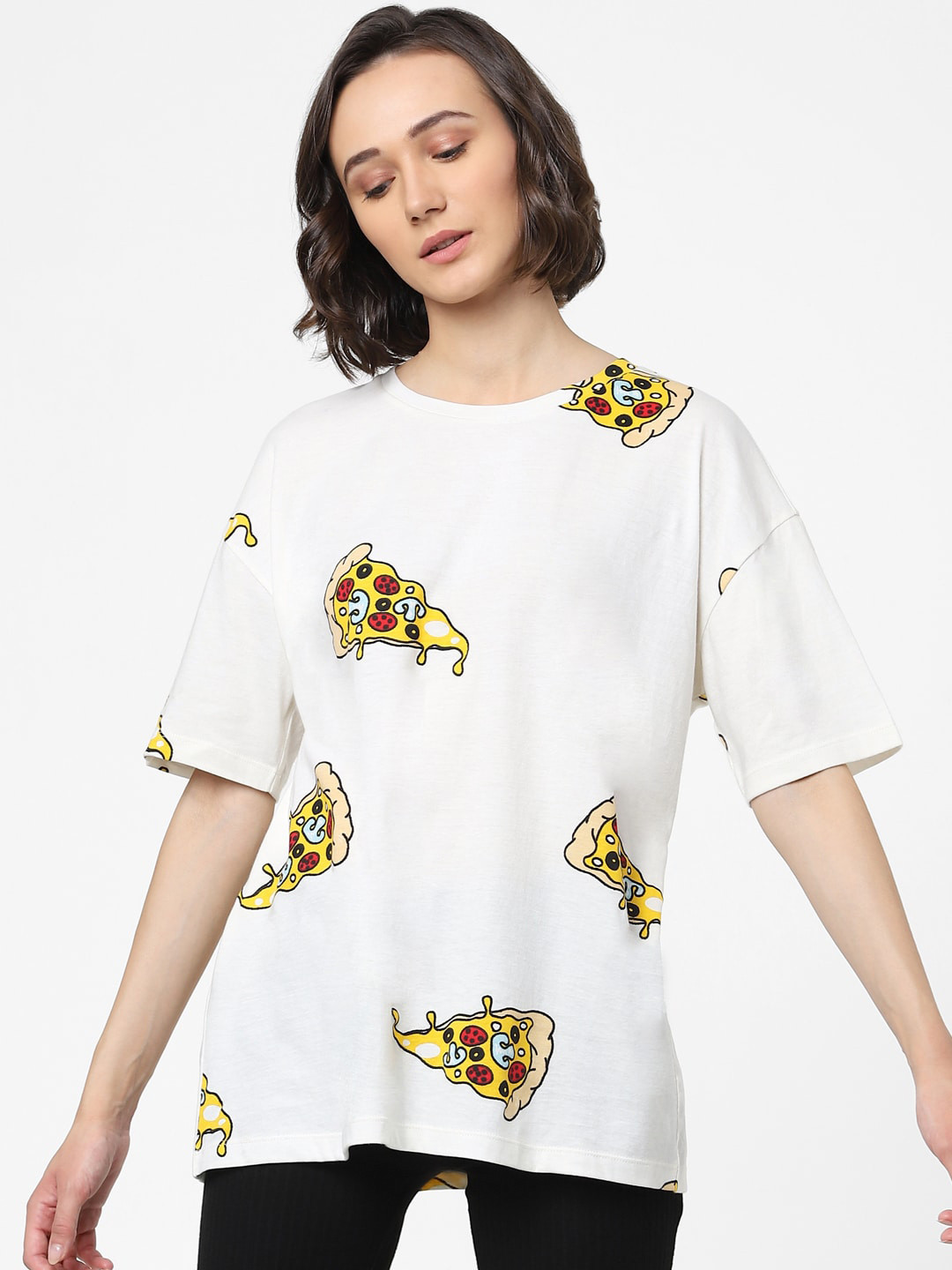 

ONLY Women White Printed Cotton Loose T-shirt