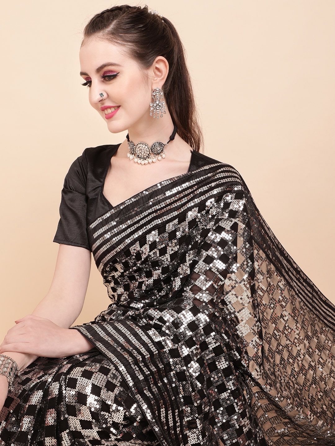 

Sangria Black & Silver-Toned Embellished Pure Georgette Celebrity Saree