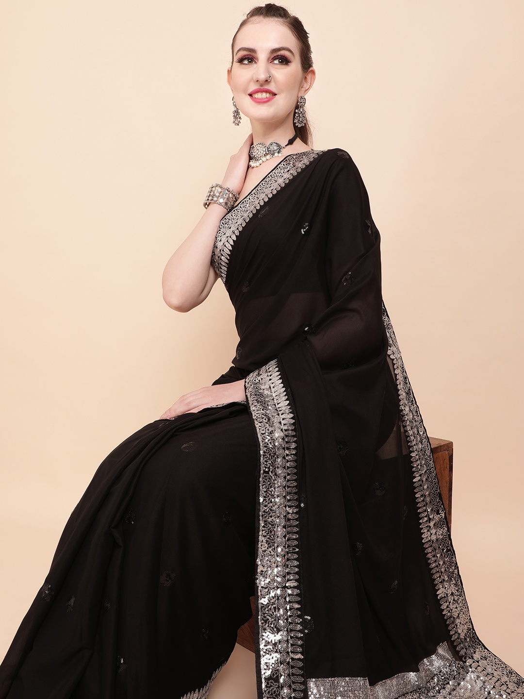 

Sangria Black & Silver-Toned Embellished Sequinned Pure Georgette Saree