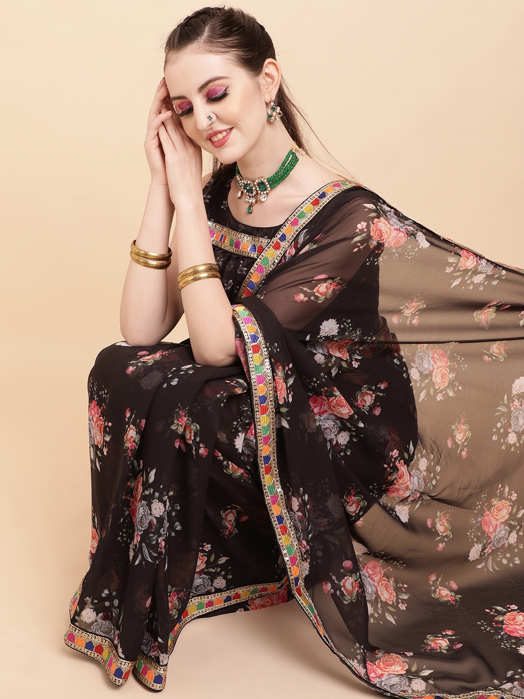 

Sangria Black & Pink Floral Sequinned Pure Georgette Saree