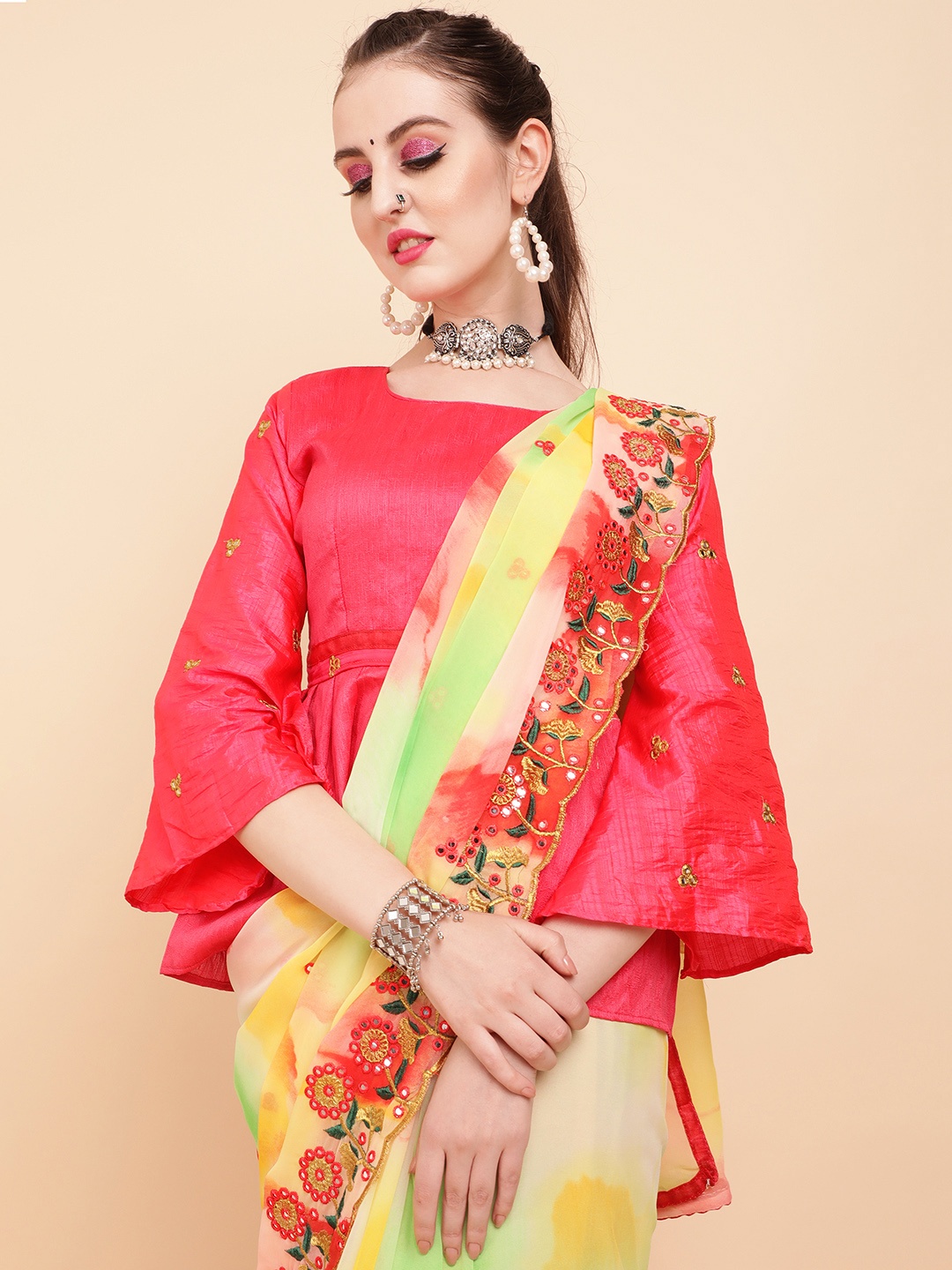 

Sangria Mustard & Red Floral Embroidered Pure Georgette Saree