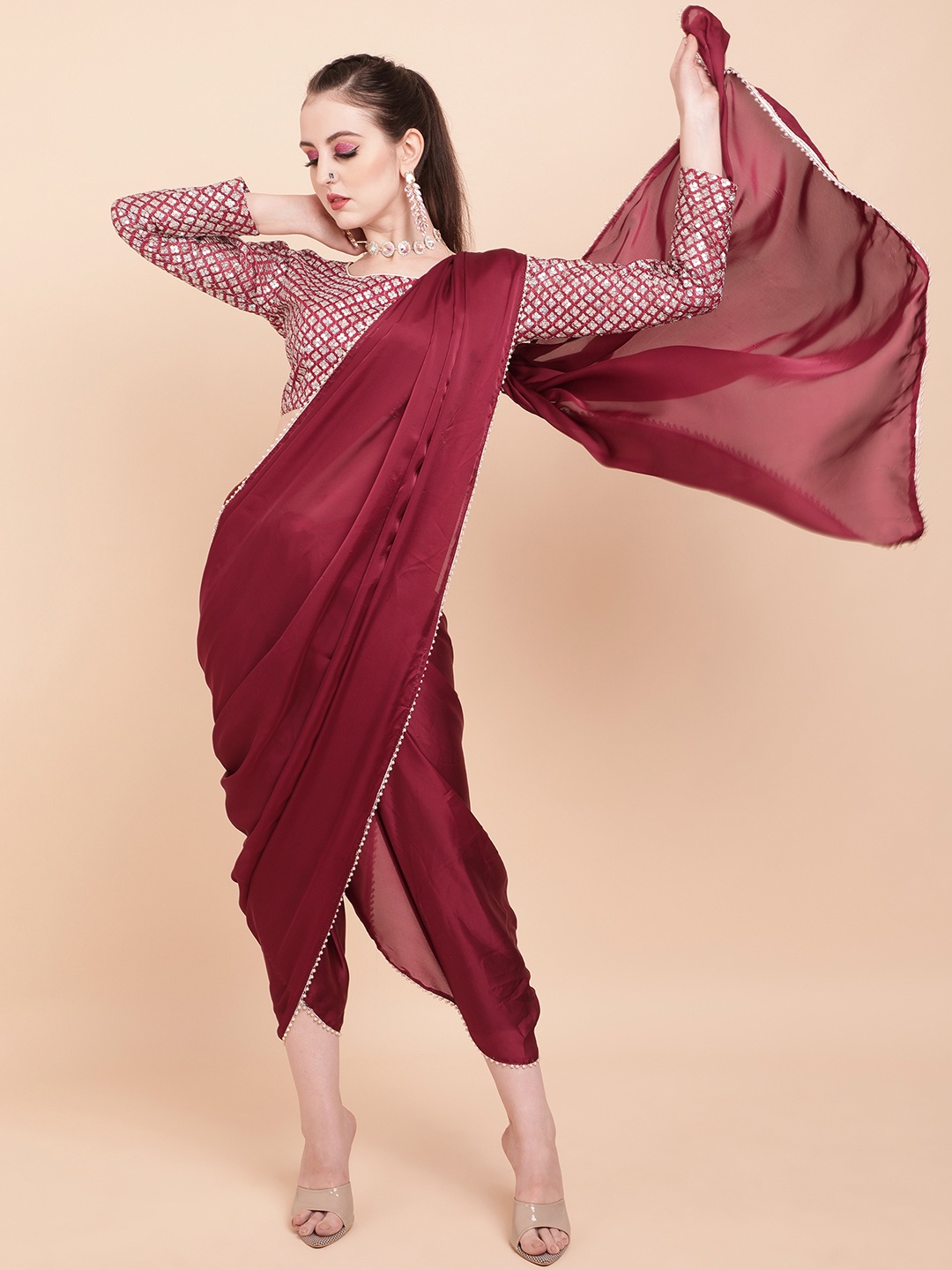 

Sangria Maroon & White Sequinned Satin Dhoti Saree