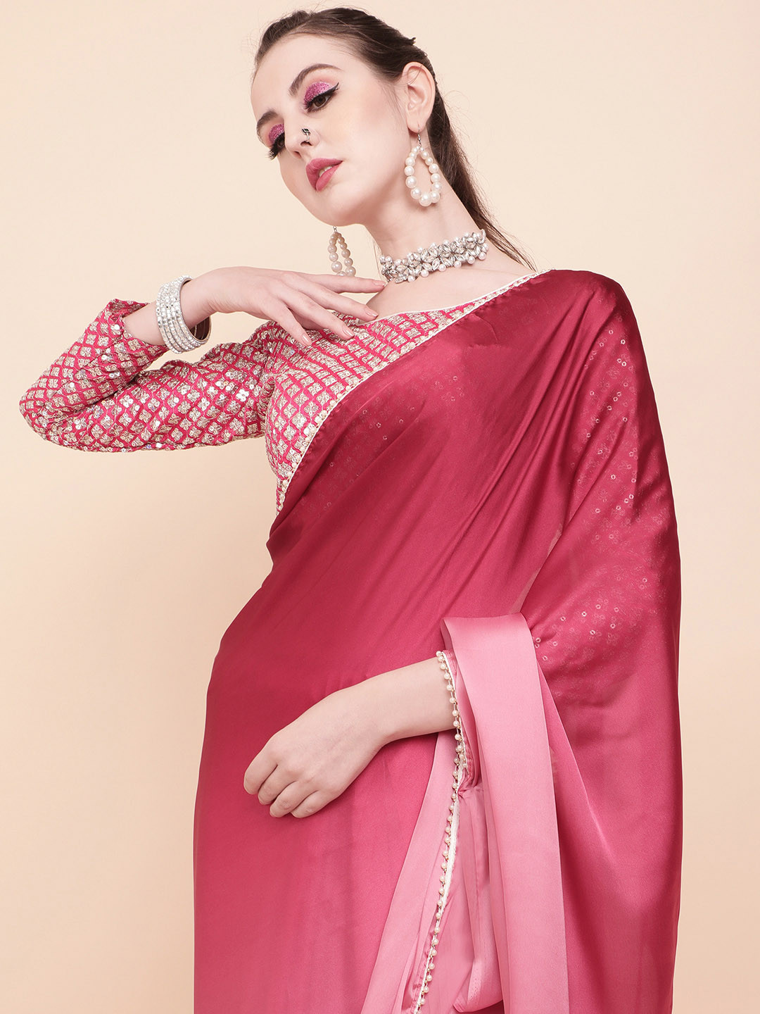 

Sangria Burgundy & Pink Dyed Beads and Stones Satin Saree