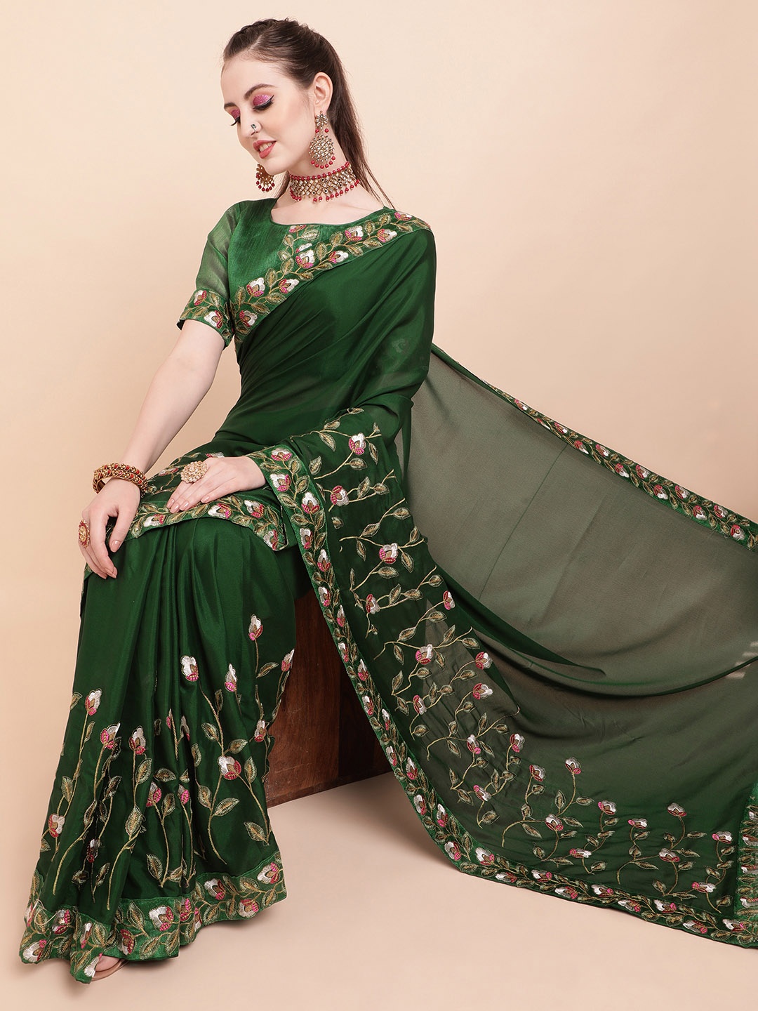 

Sangria Olive Green & White Batik Embroidered Silk Blend Saree