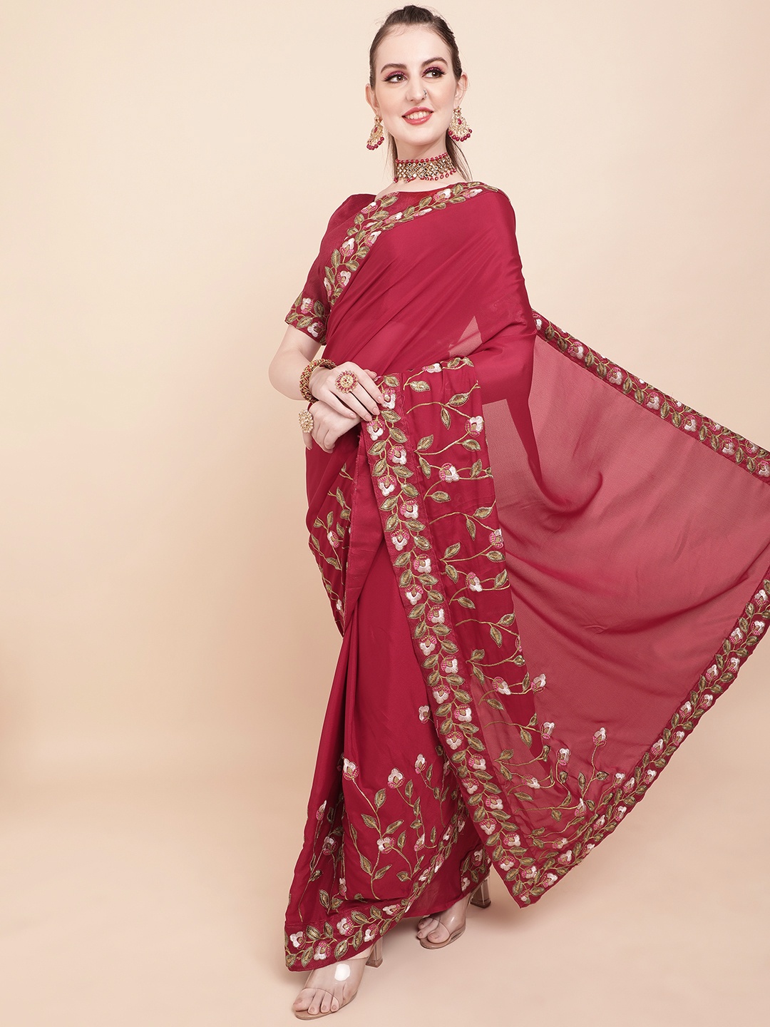 

Sangria Maroon & White Floral Batik Embroidered Silk Blend Saree