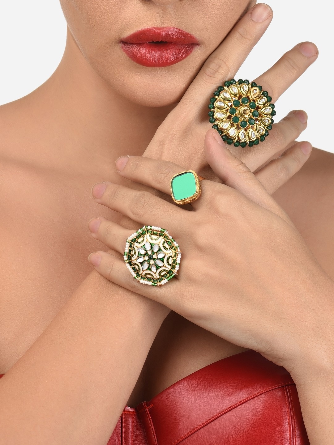 

Zaveri Pearls Set Of 3 Green Gold-Plated Stone Studded & Design Detailed Finger Rings