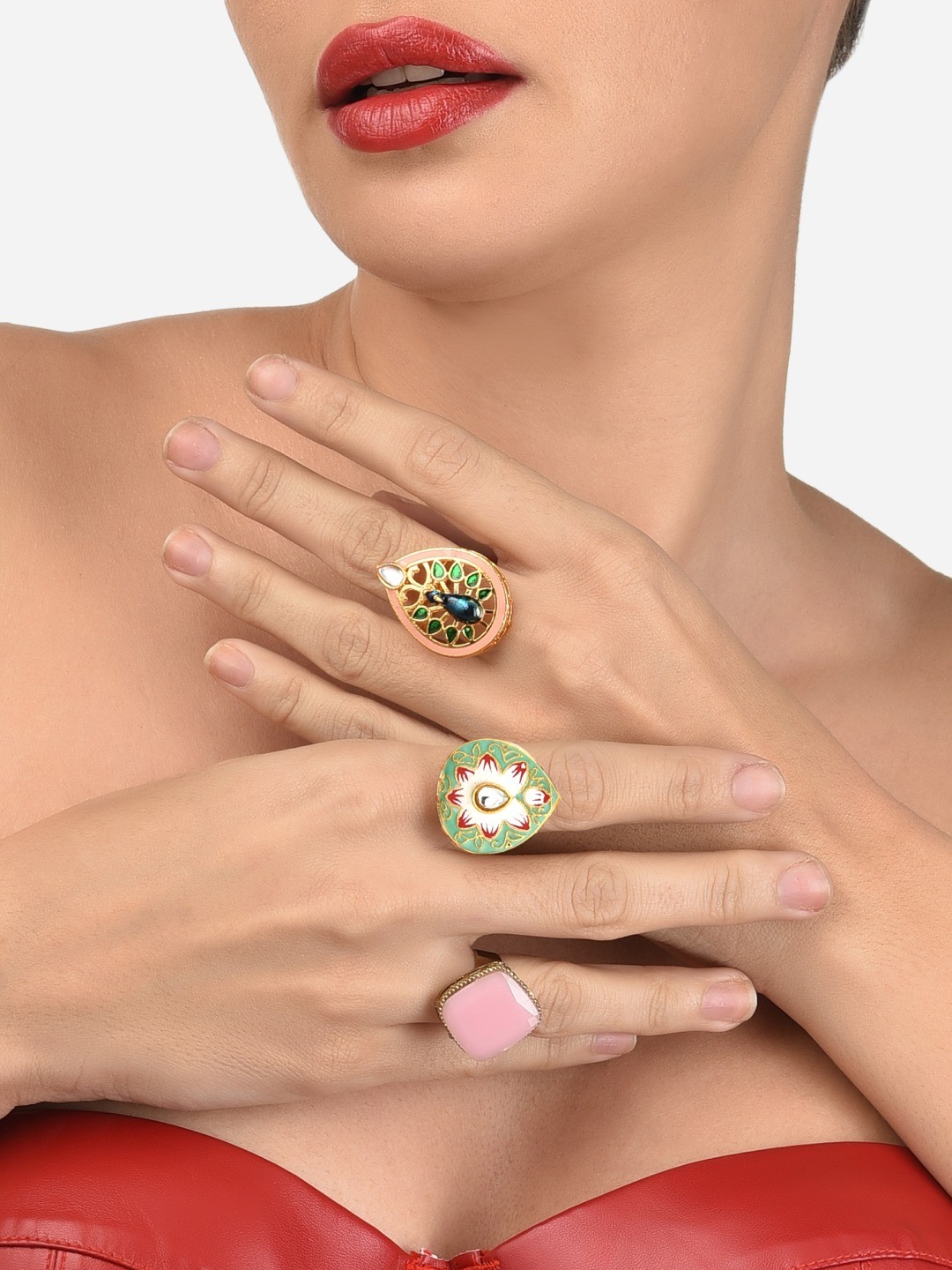 

Zaveri Pearls Women Gold-Plated Set of 3 Ethnic Adjustable Finger Rings