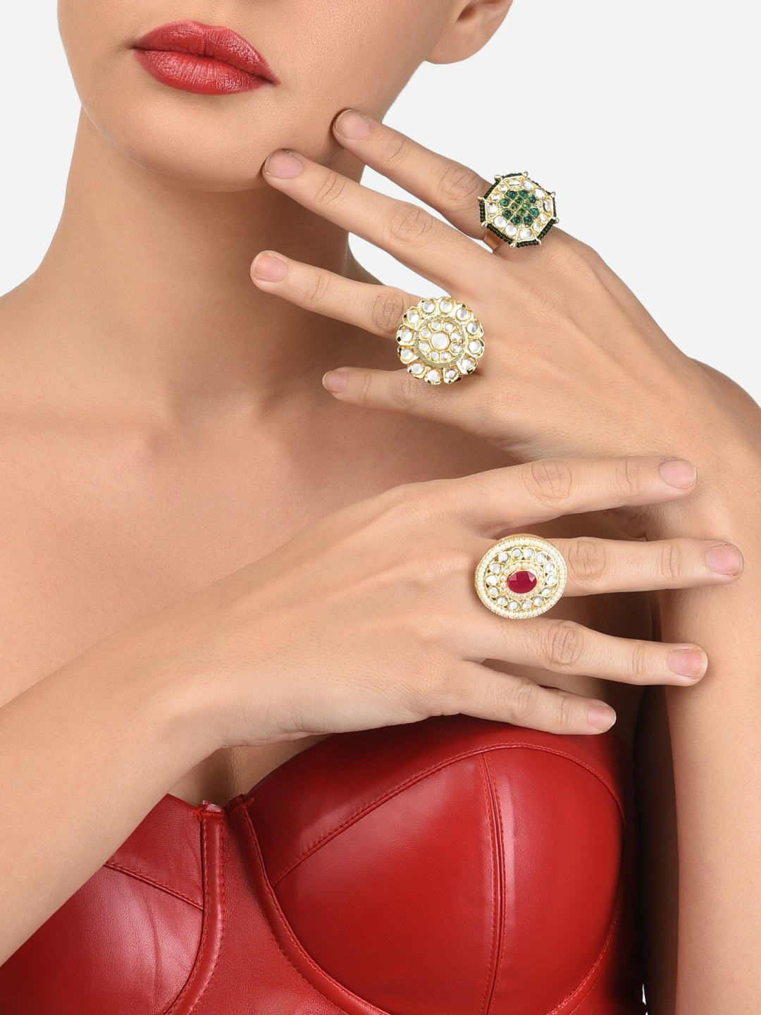 

Zaveri Pearls Set Of 3 Gold-Plated White Stone-Studded & Beaded Adjustable Finger Rings