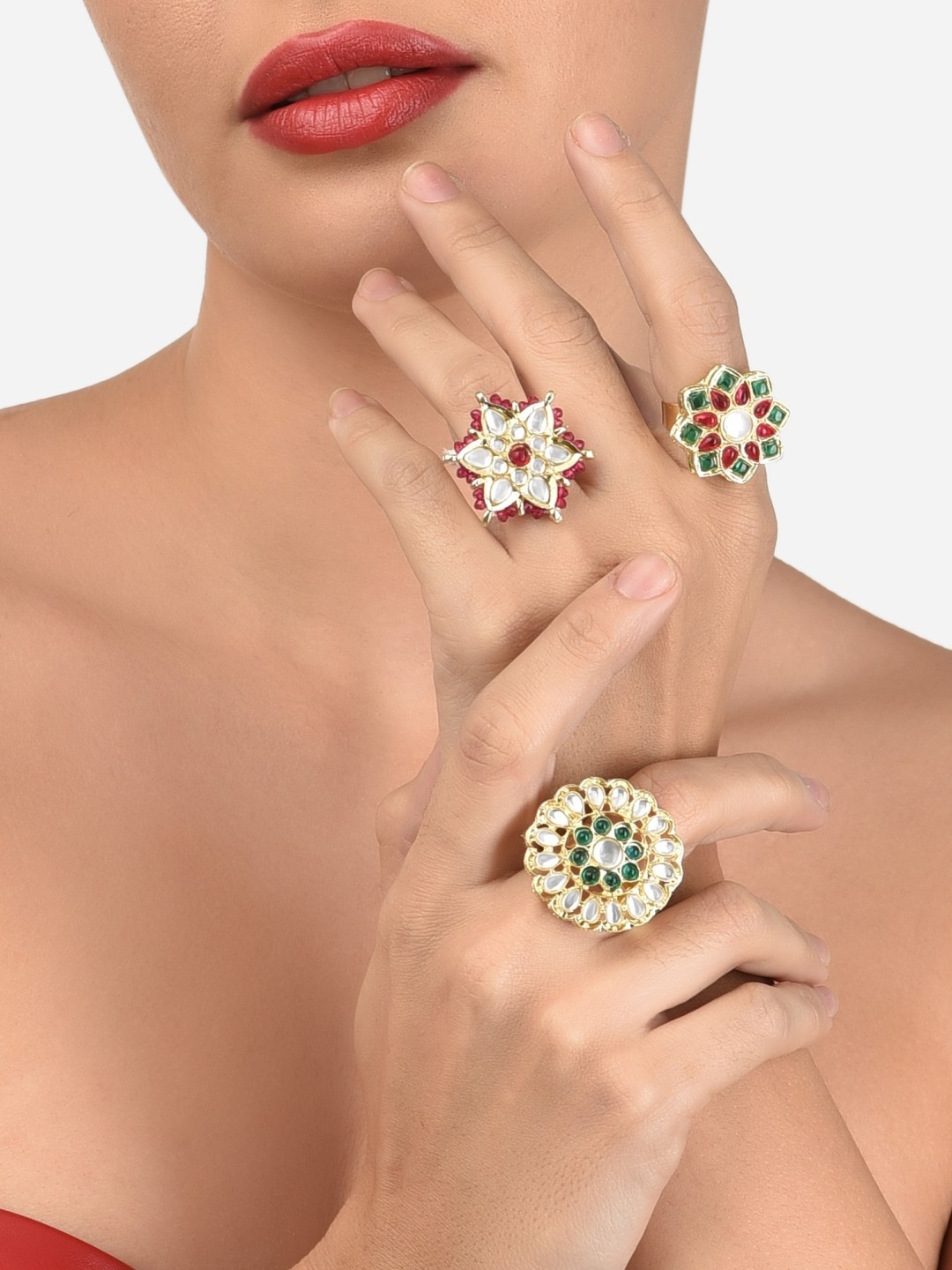 

Zaveri Pearls Set of 3 Gold-Plated Stone-Studded Finger Rings