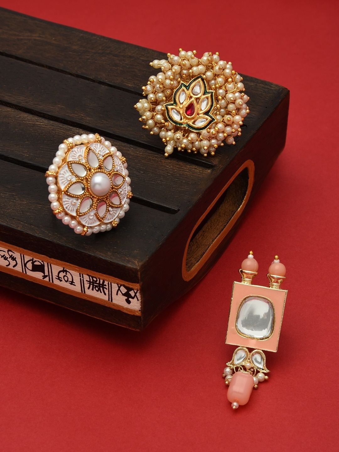 

Zaveri Pearls Set Of 3 Gold-Plated White Stone-Studded & Beaded Adjustable Finger Rings