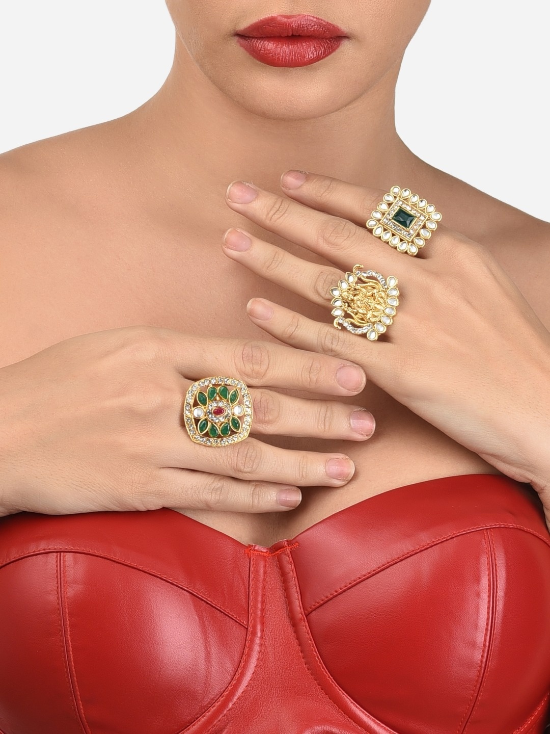 

Zaveri Pearls Set Of 3 Gold-Plated Multicolored Stone-Studded Adjustable Finger Rings, Multi
