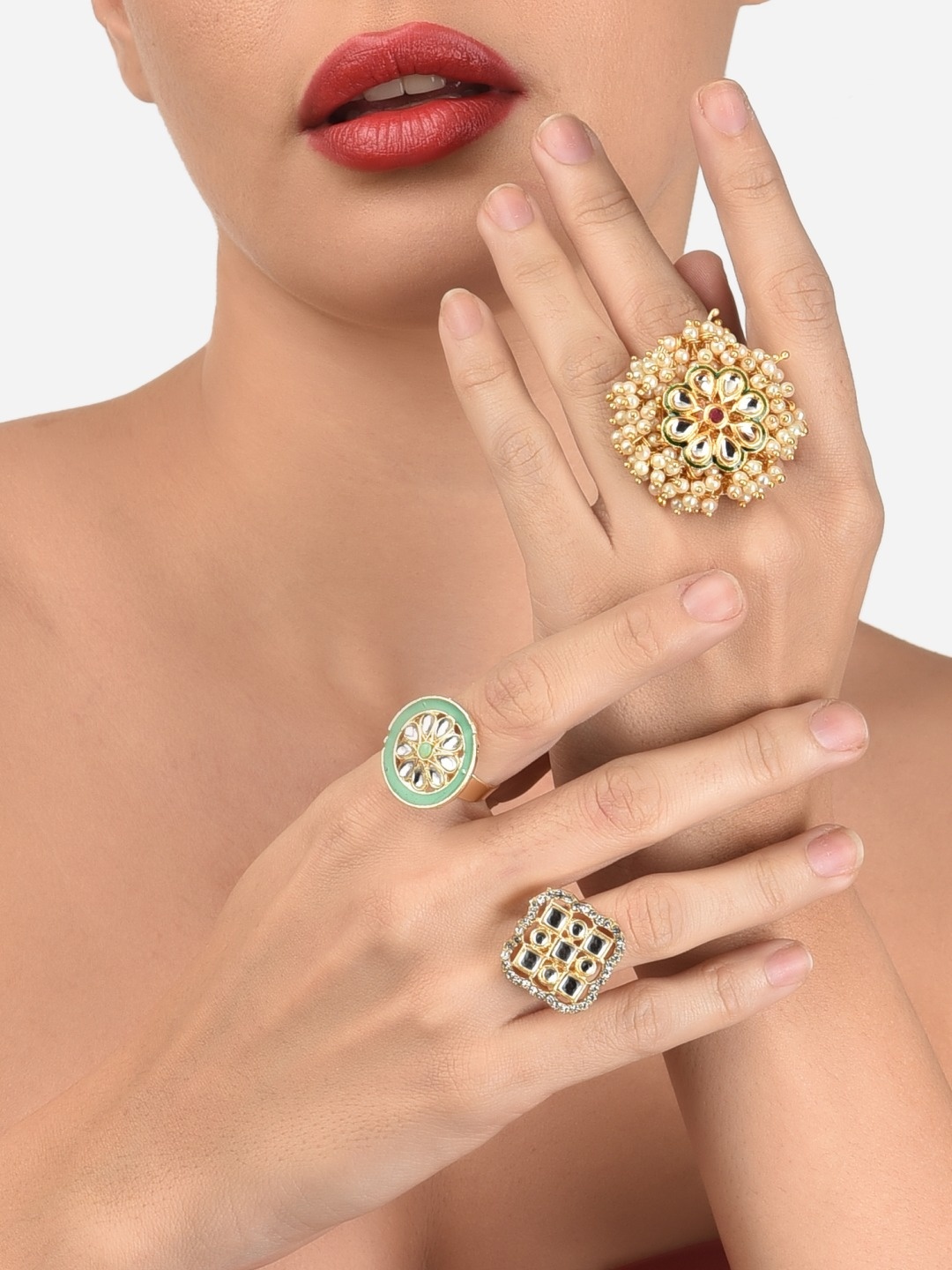 

Zaveri Pearls Set of 3 Gold-Plated White & Green Stone Studded Adjustable Finger Rings