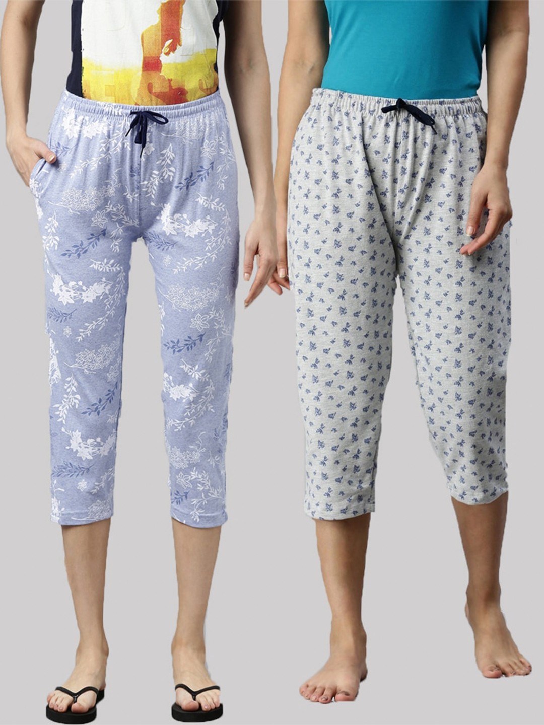 

Kryptic Women Set Of 2 Blue & Grey Printed Pure Cotton Capris