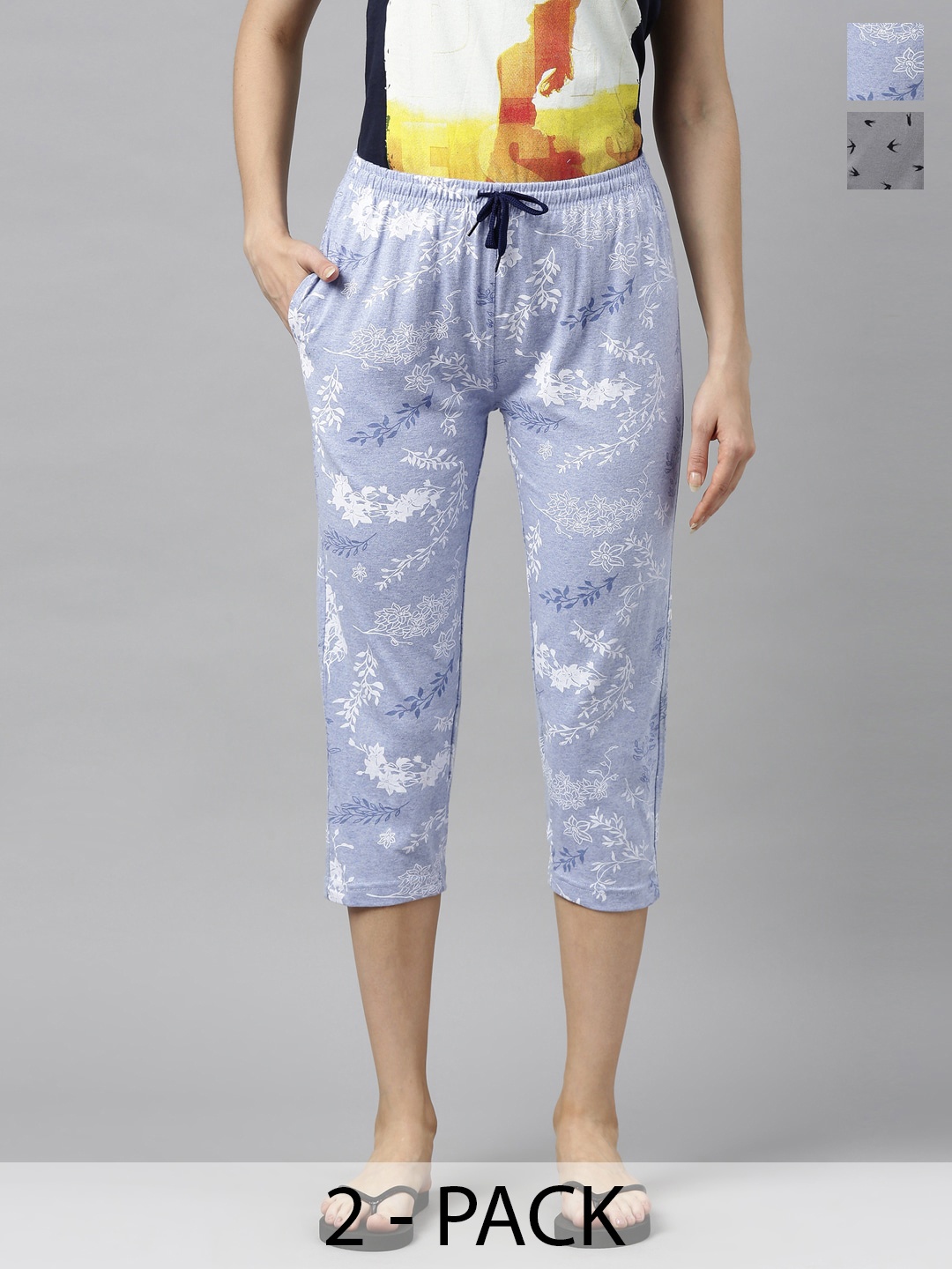 

Kryptic Women Pack of 2 Pure Cotton Printed Capris, Blue