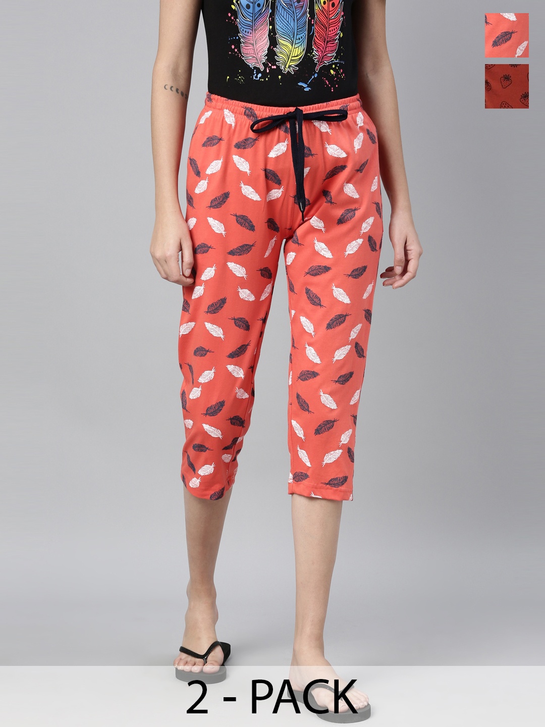 

Kryptic Women Pack Of 2 Coral Orange & Red Printed Pure Cotton Capris
