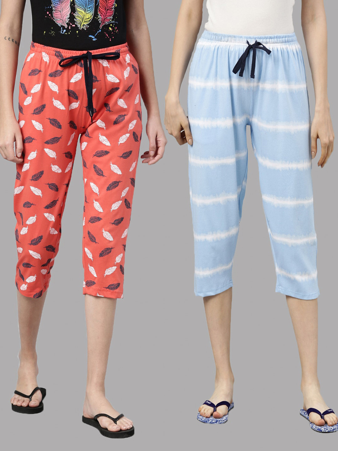 

Kryptic Women Set Of 2 Orange & Blue Printed Pure Cotton Capris