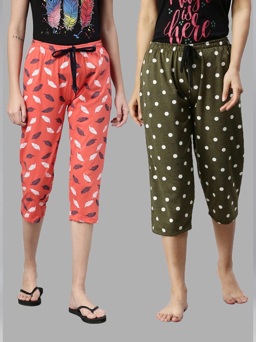 

Kryptic Women Pack of 2 Pure Cotton Printed Lounge Capris, Orange