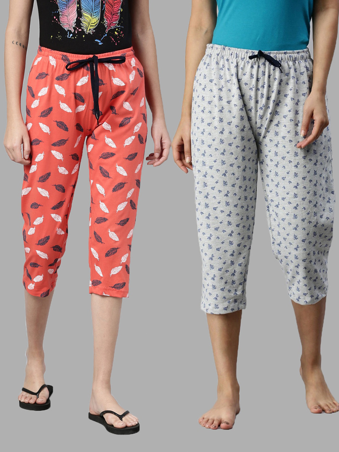 

Kryptic Women Pack Of 2 Coral Orange & Grey Printed Pure Cotton Capris