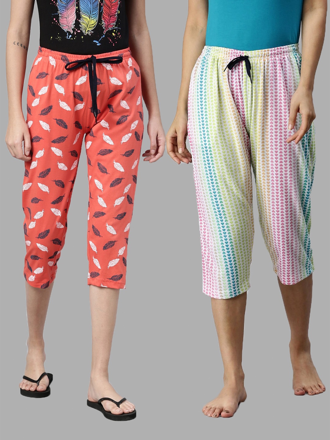 

Kryptic Women Pack of 2 Pure Cotton Printed Capris, Orange